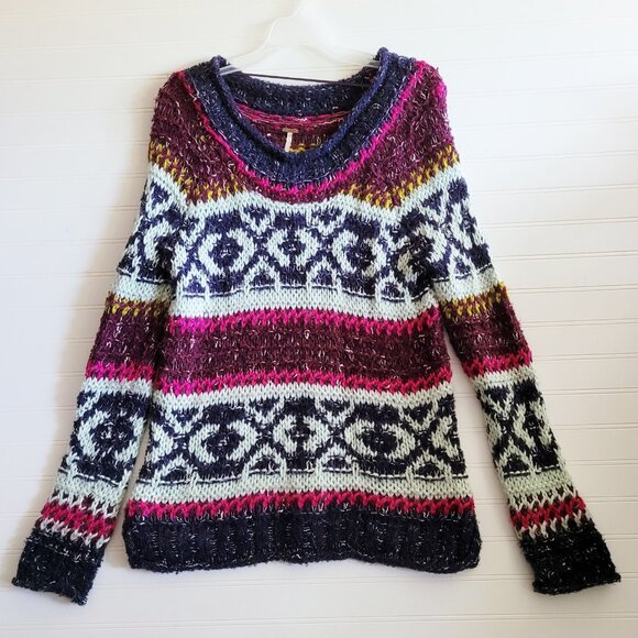 Free People Fair Isle Sweater Small Multicolor Wool Alpaca Mohair Chunky Knit - Picture 2 of 10